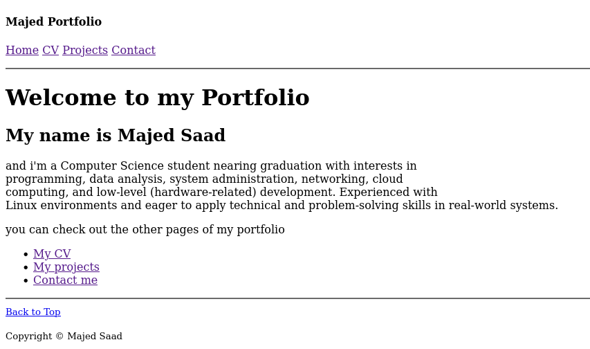the home page of the portfolio showing the contents of the portfolio and then welcoming the visitors talking about my self and then the copyright